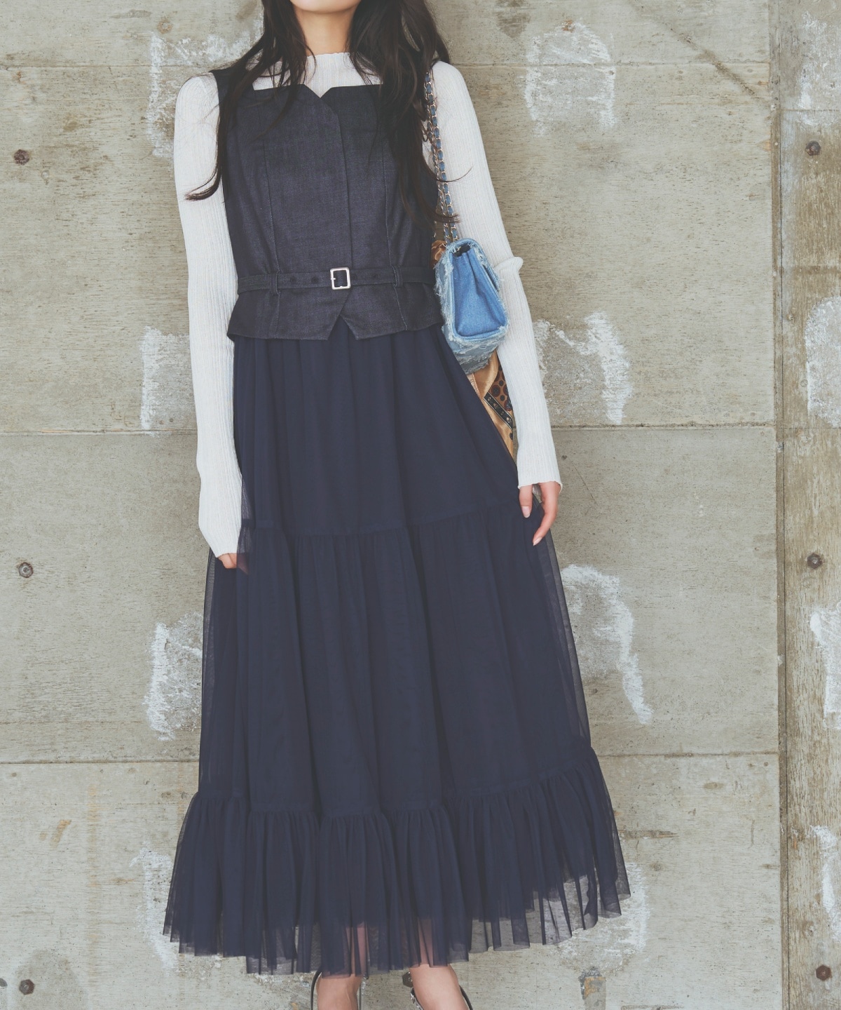 異素材ドッキングチュールワンピース