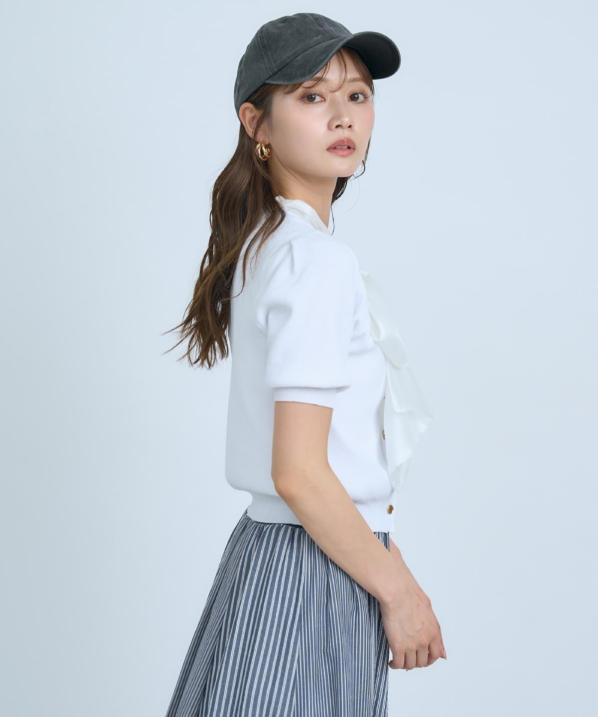 【先行予約受付中】異素材リボン半袖ニットカーディガン