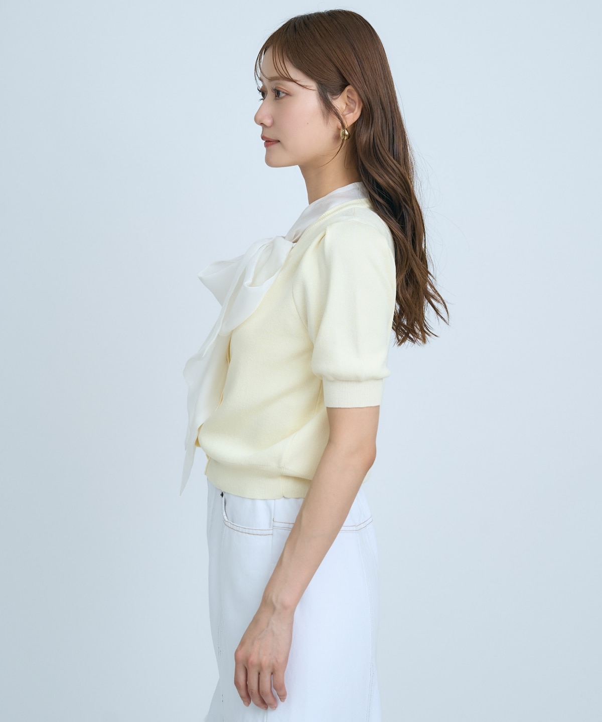 【先行予約受付中】異素材リボン半袖ニットカーディガン