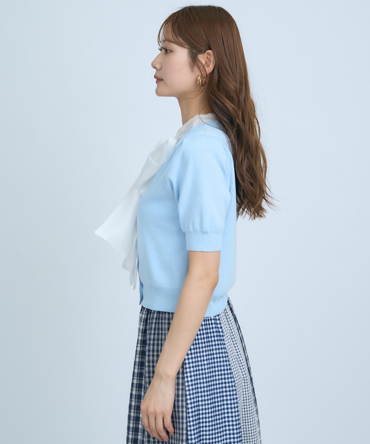 【先行予約受付中】異素材リボン半袖ニットカーディガン