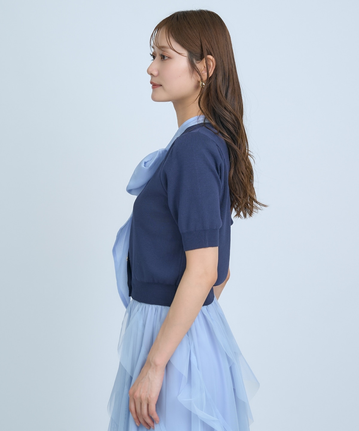 【先行予約受付中】異素材リボン半袖ニットカーディガン