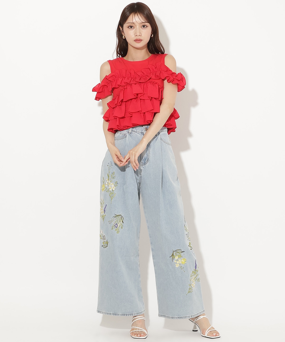 ティアードフリルコンビノースリーブTシャツ