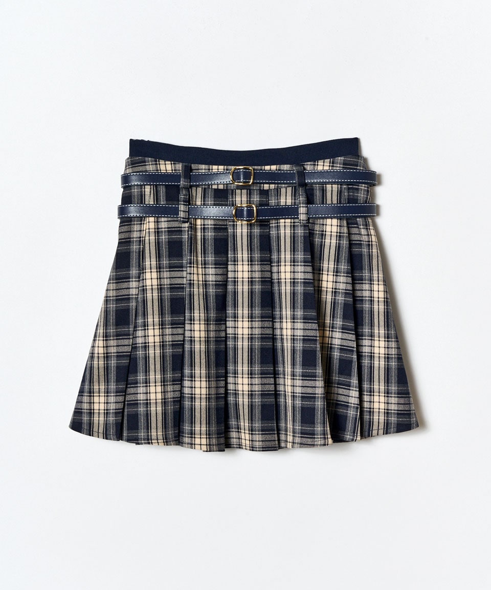 ダブルベルトチェックプリーツミニスカート