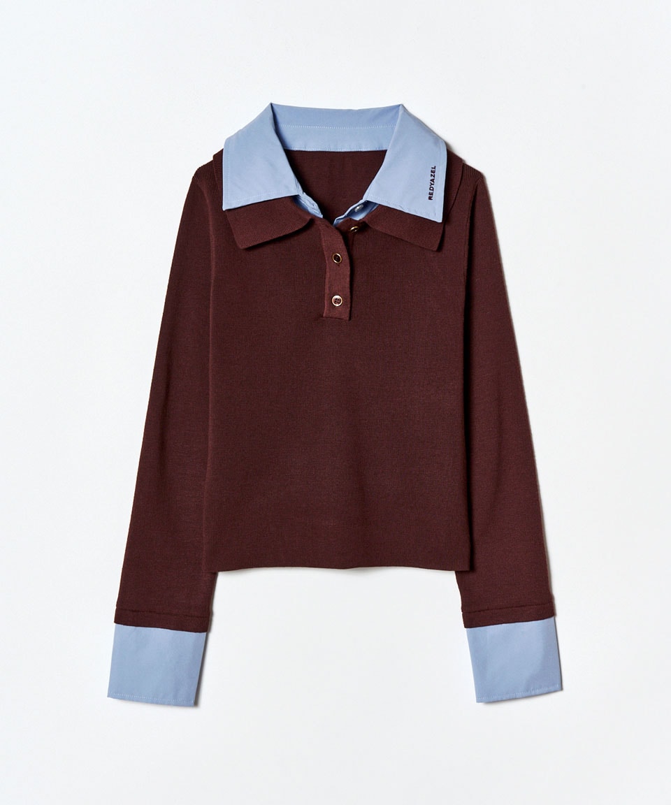 ダブルカラーポロニットトップス