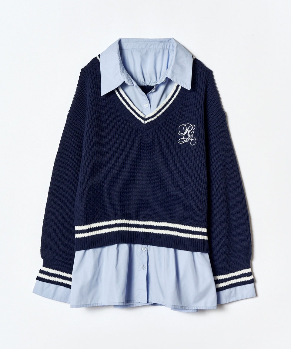 レイヤードシャツドッキングニットプルオーバー