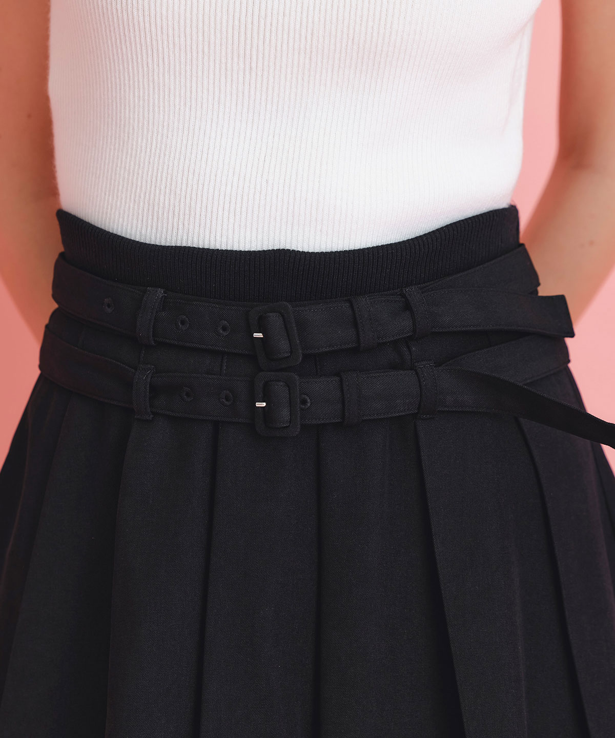 ウエストリブダブルベルトプリーツミニスカート