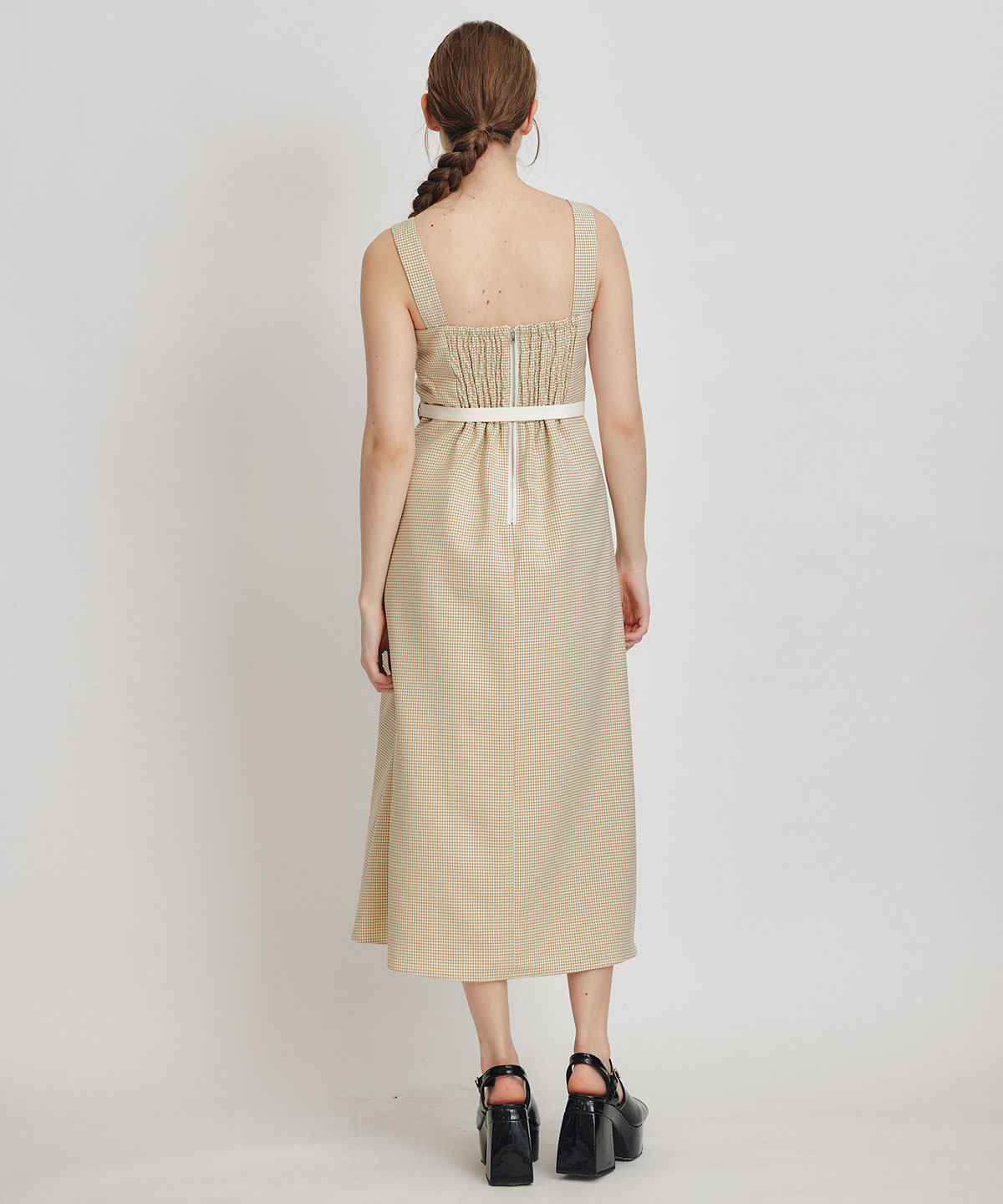 チェックショートジャケットｘアクセントベルトフレアロングワンピースセットアップ