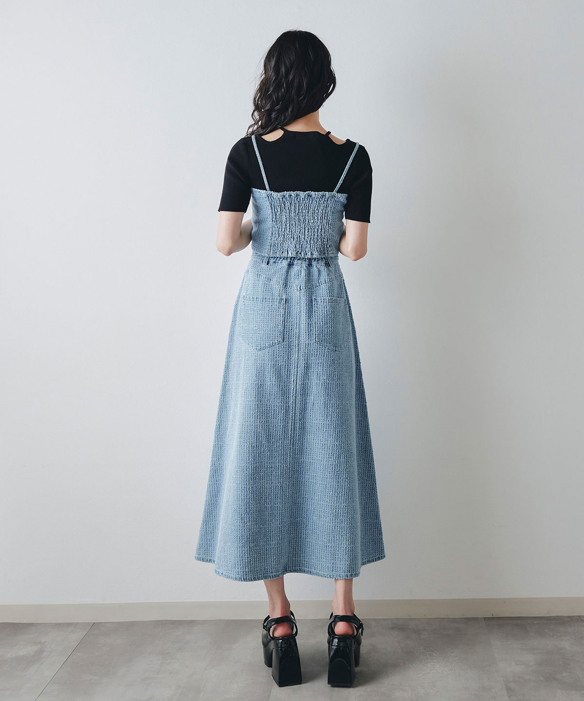 レーザーカットデニムビスチェ×フレアロングスカートセットアップ