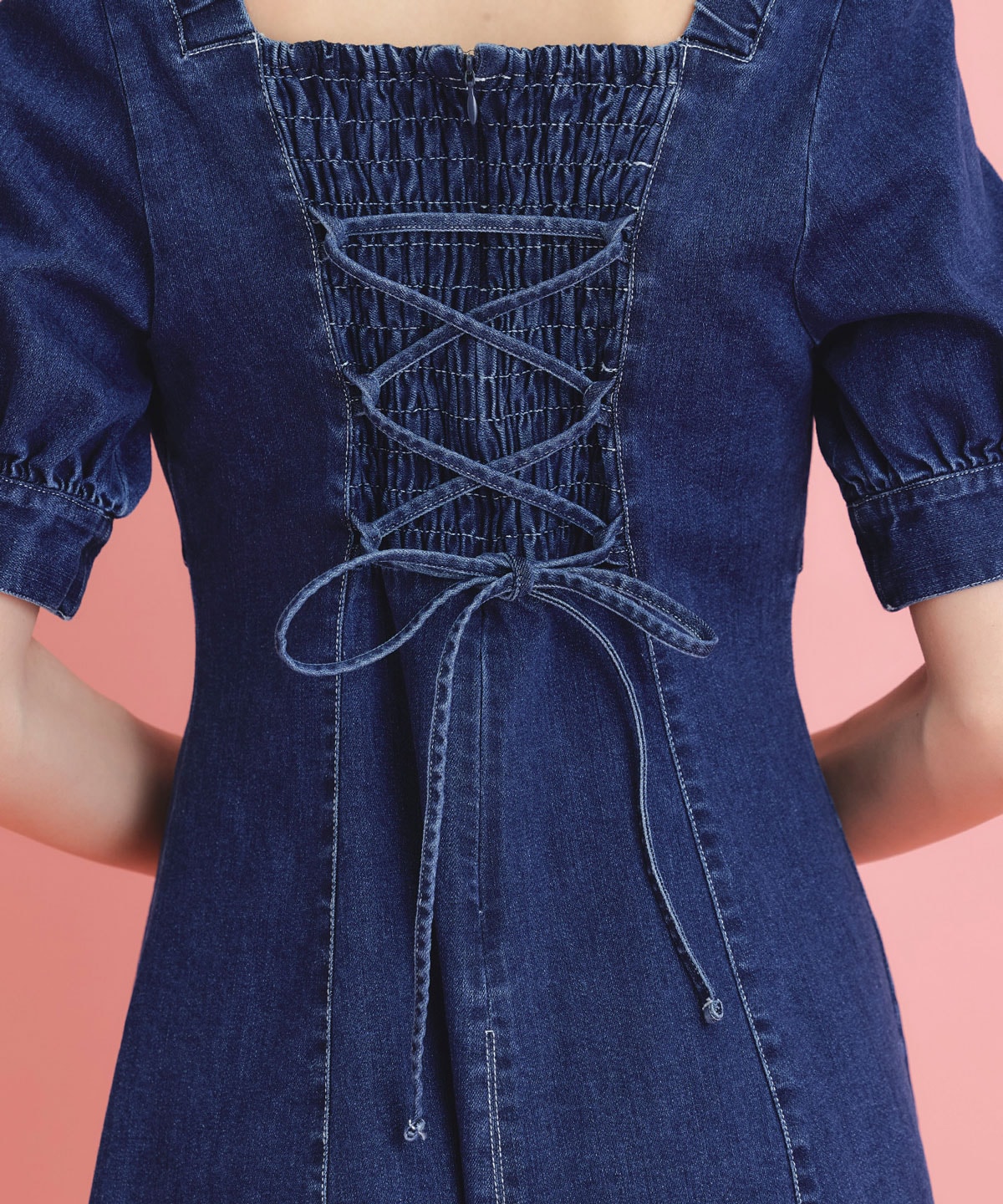 デコルテベルトデニムフレアロングワンピース