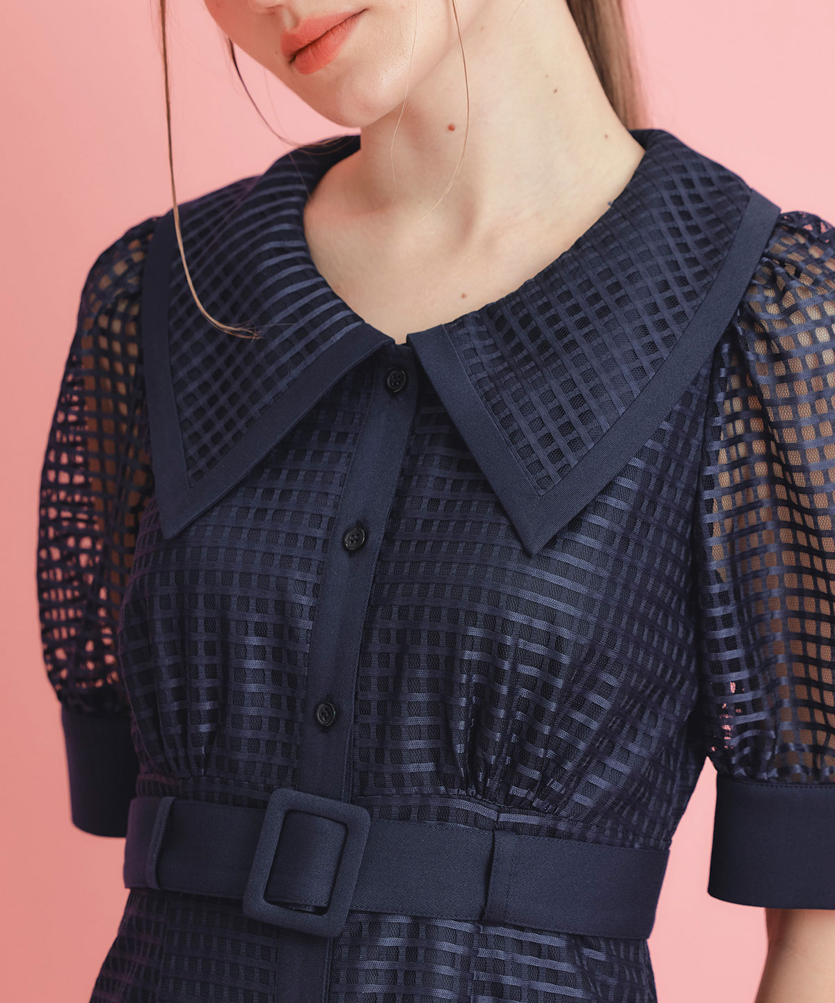 シアーチェックビッグカラーフレアロングワンピース