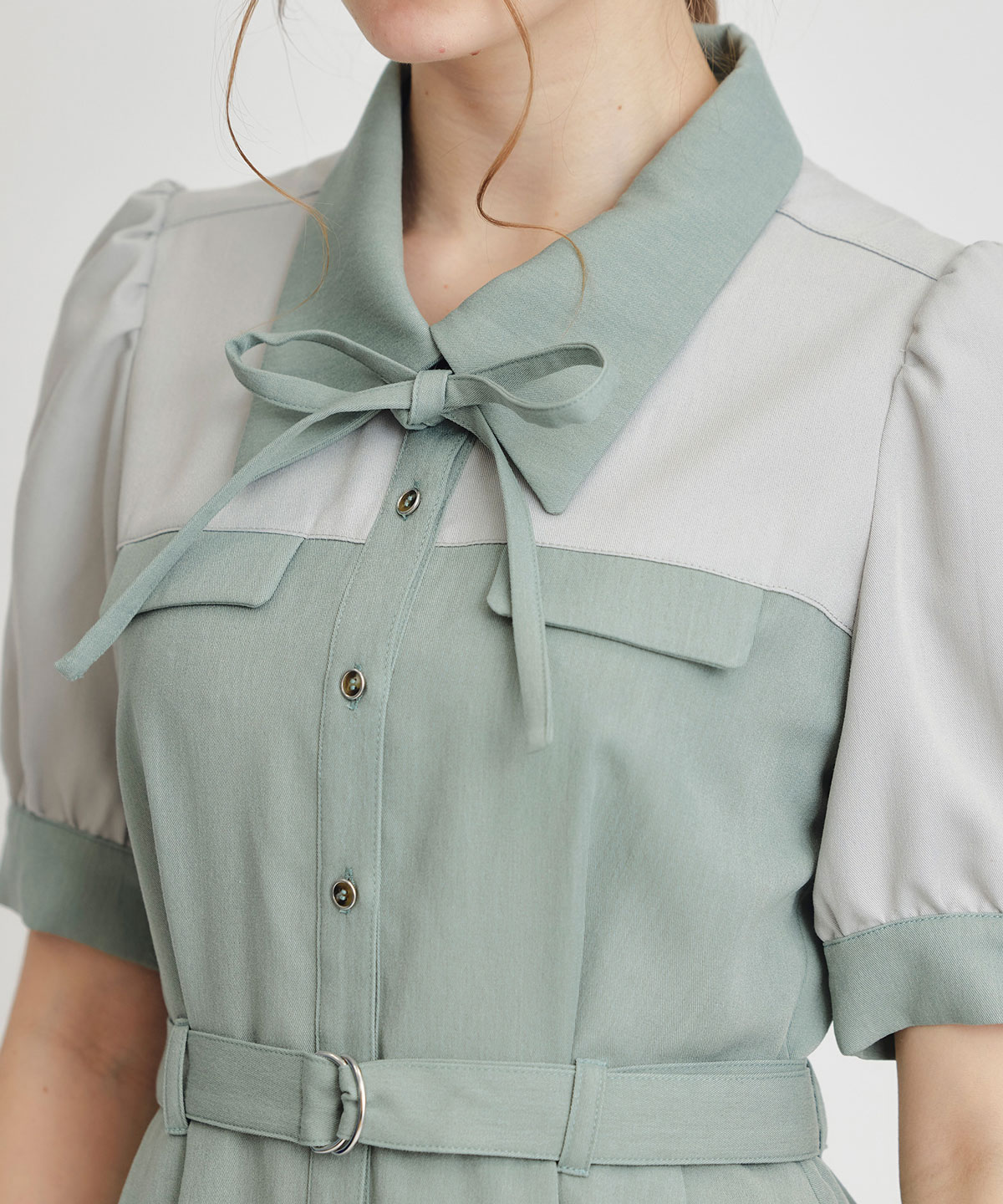 コントラストカラーシャツフレアロングワンピース