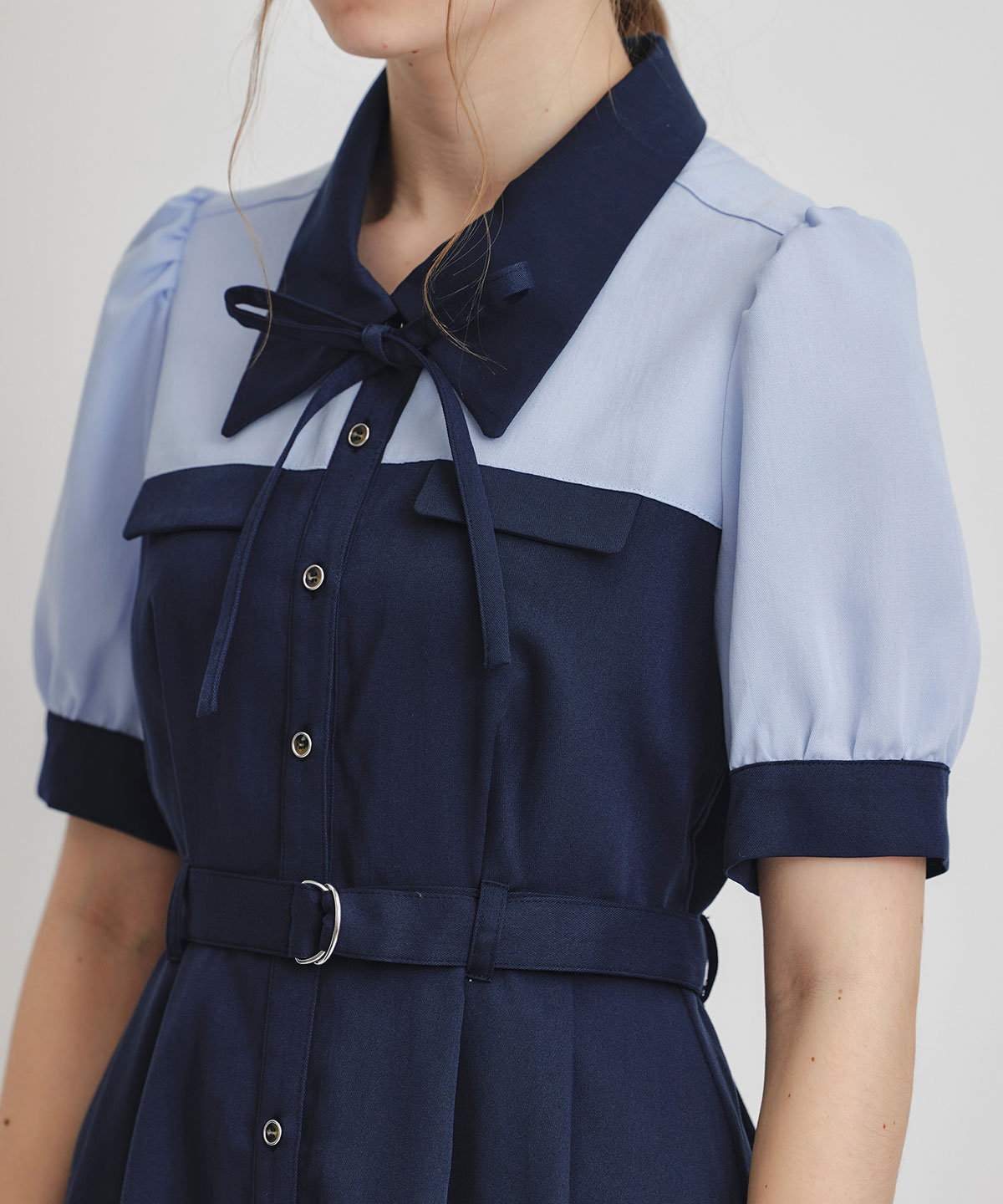 コントラストカラーシャツフレアロングワンピース