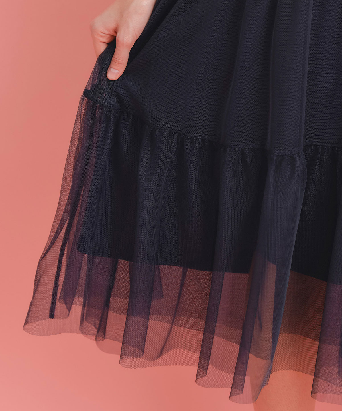 ポロニットチュールティアードドッキングロングワンピース