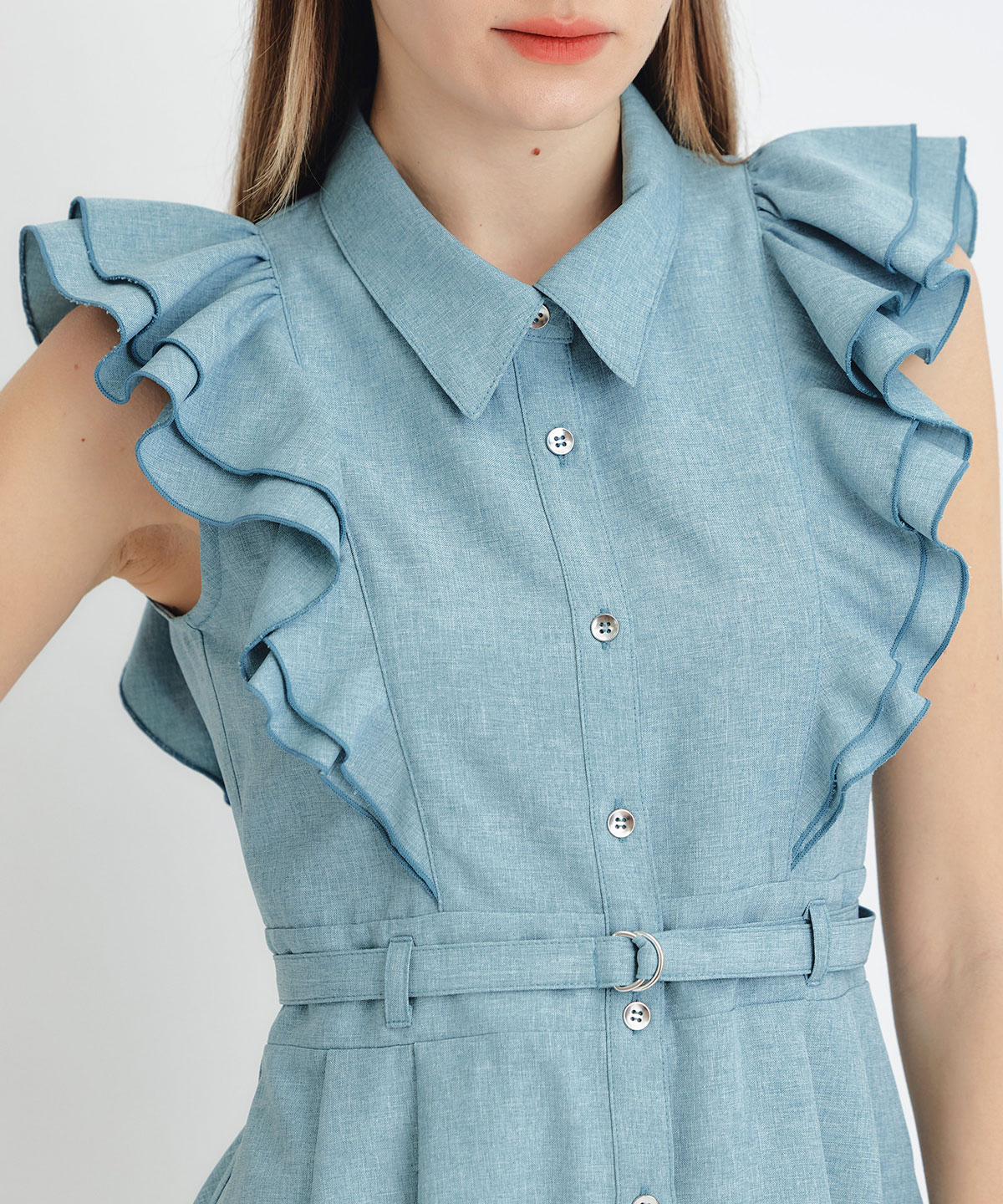 フリルシャツフレアロングワンピース