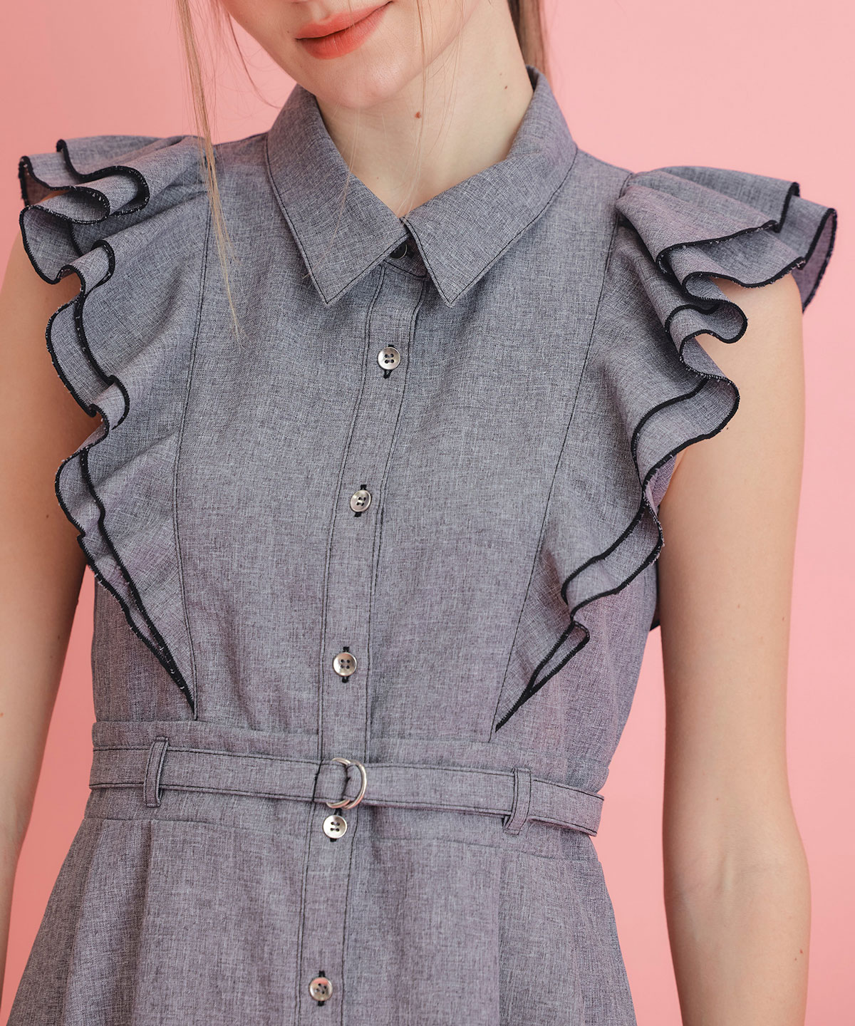 フリルシャツフレアロングワンピース