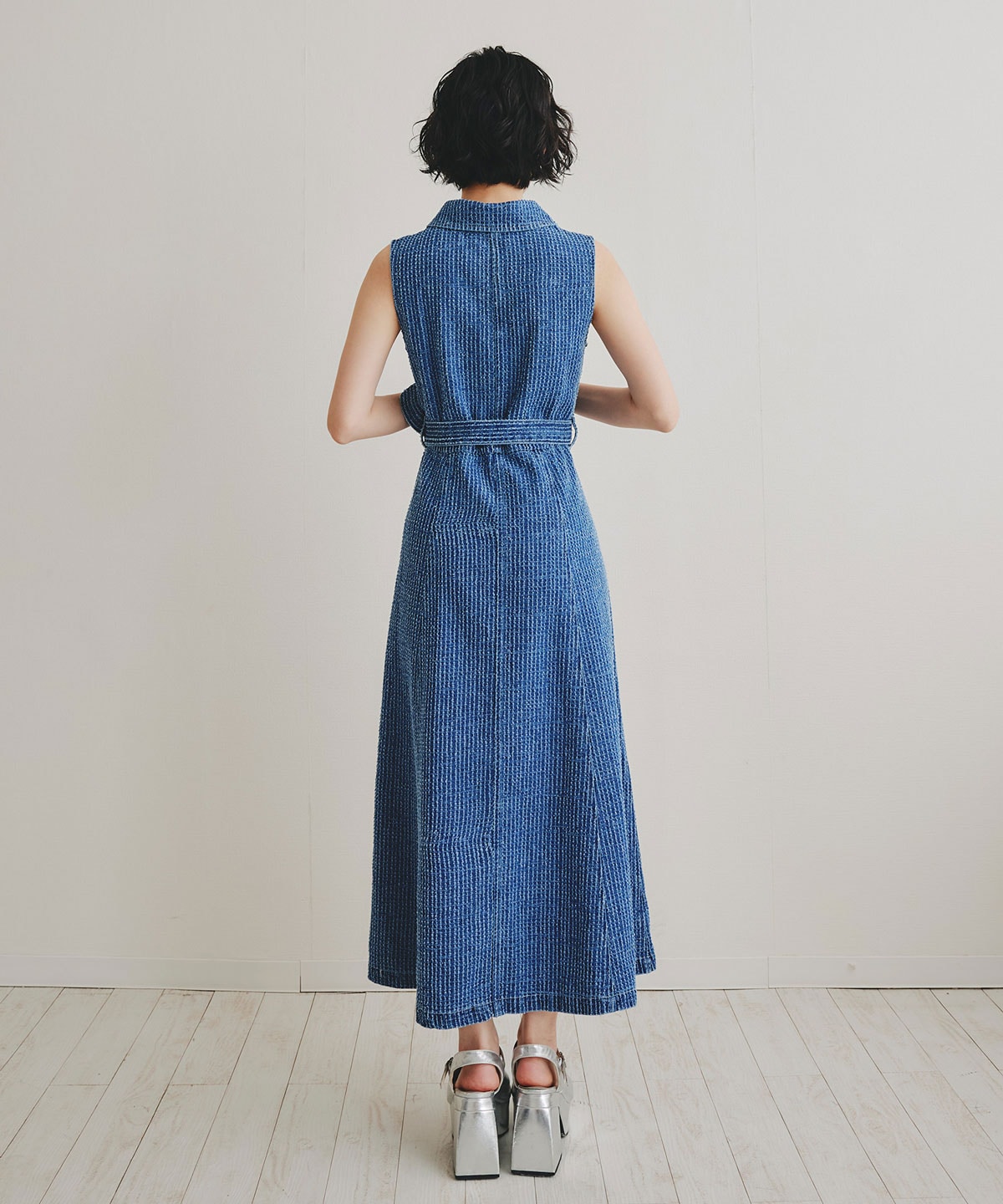 レーザーカットデニムロングシャツワンピース