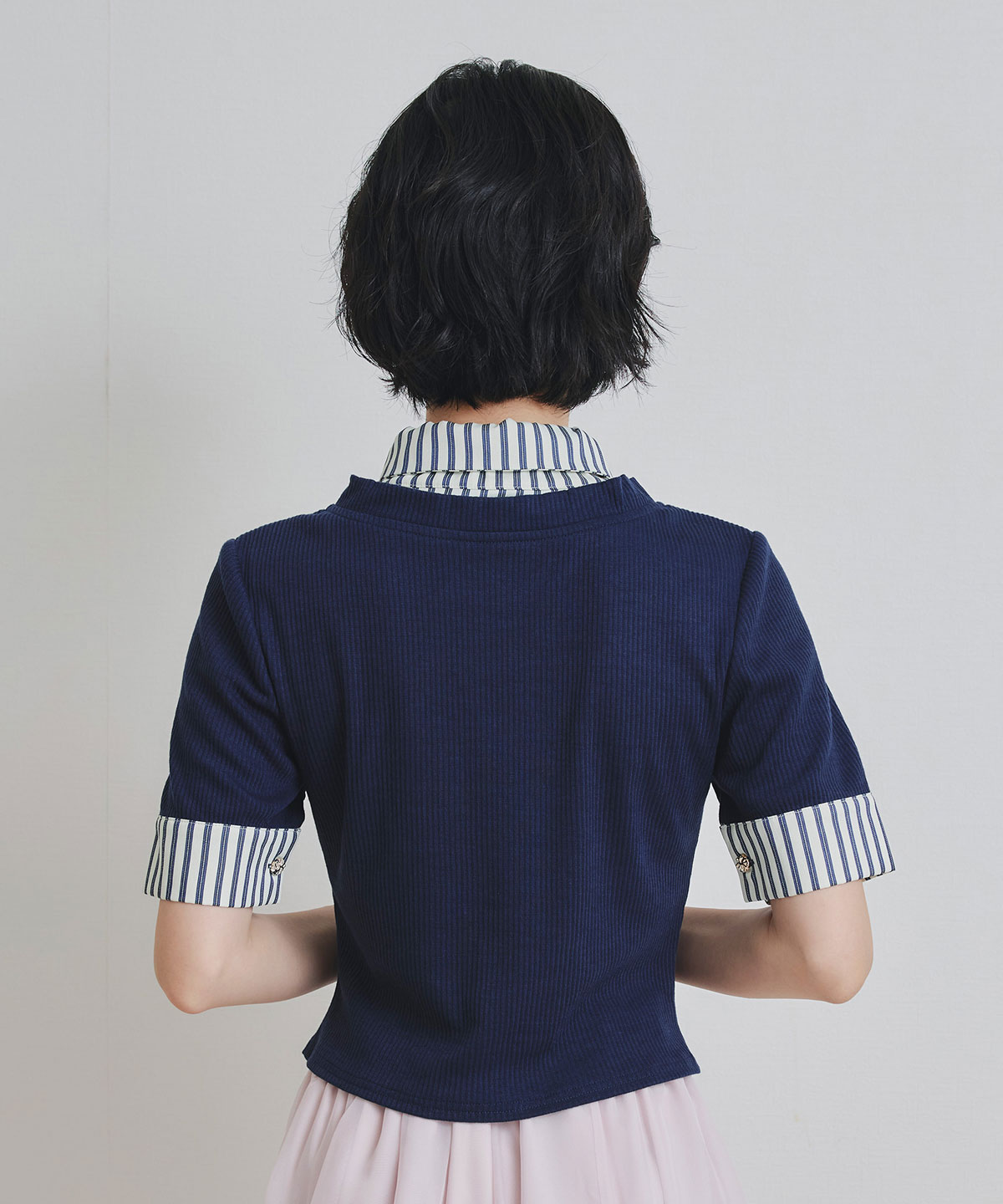ストライプリボンタイレイヤードニットトップス