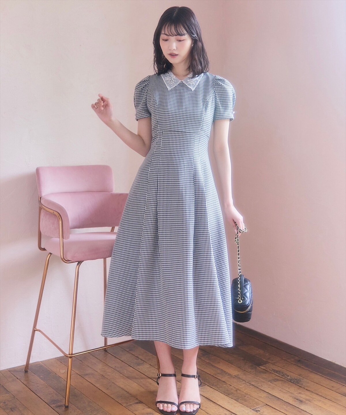 スウィングル SWINGLE ギンガムチェックシャツカラーニットワンピース