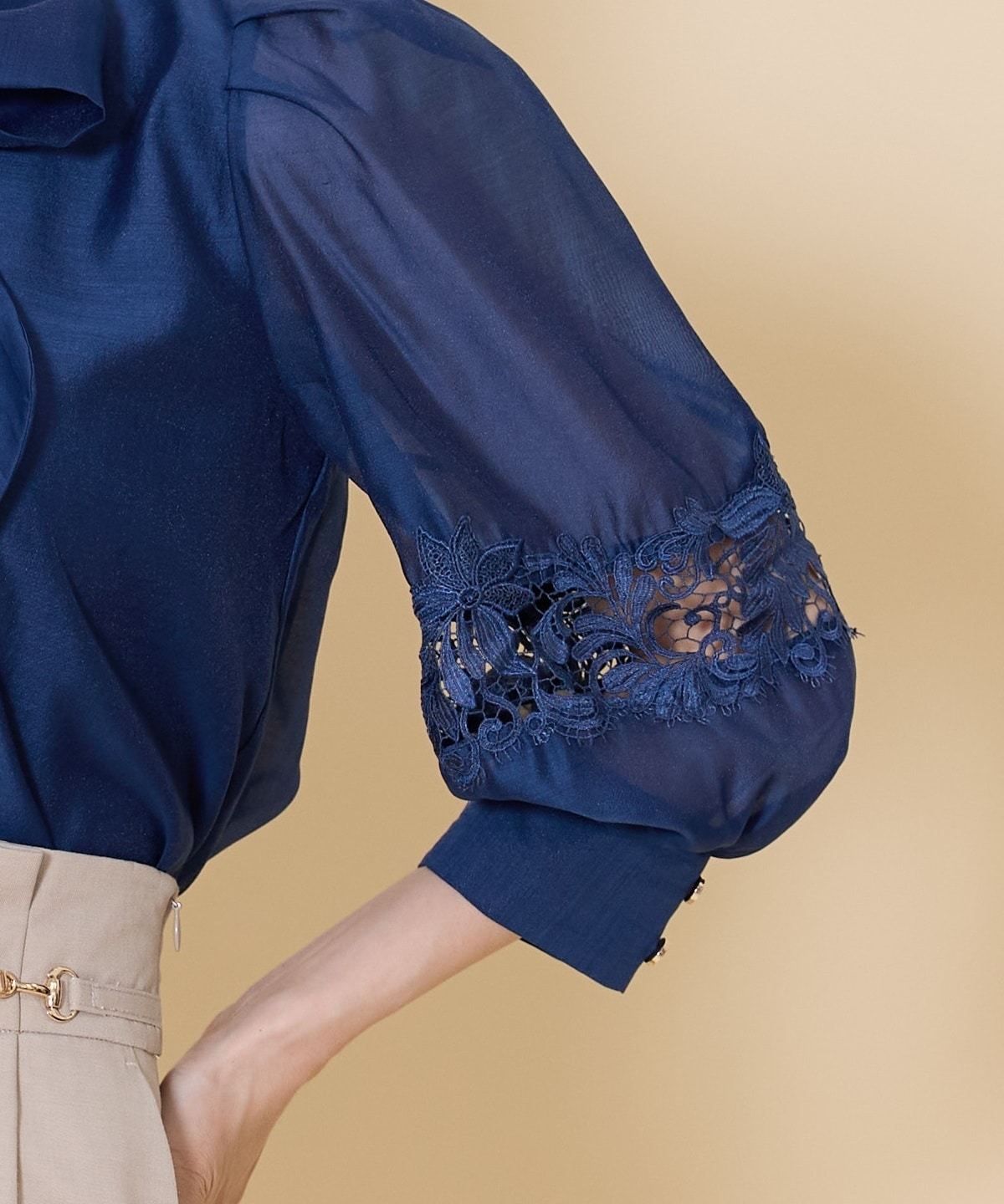 レース切替スリーブシアーボウタイブラウス