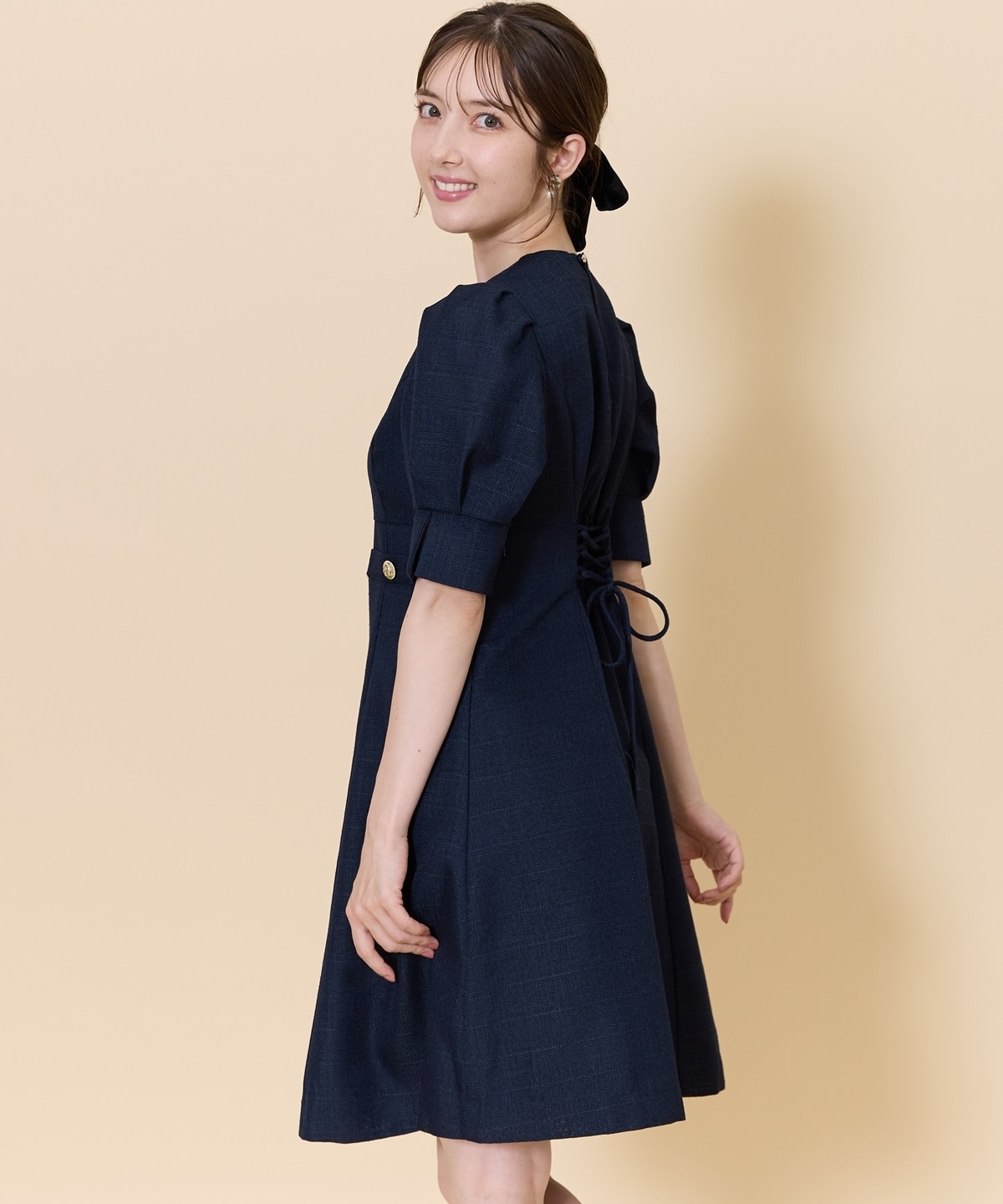 2WAYバイカラー衿エレガンスツイードミニワンピース(F サックス 