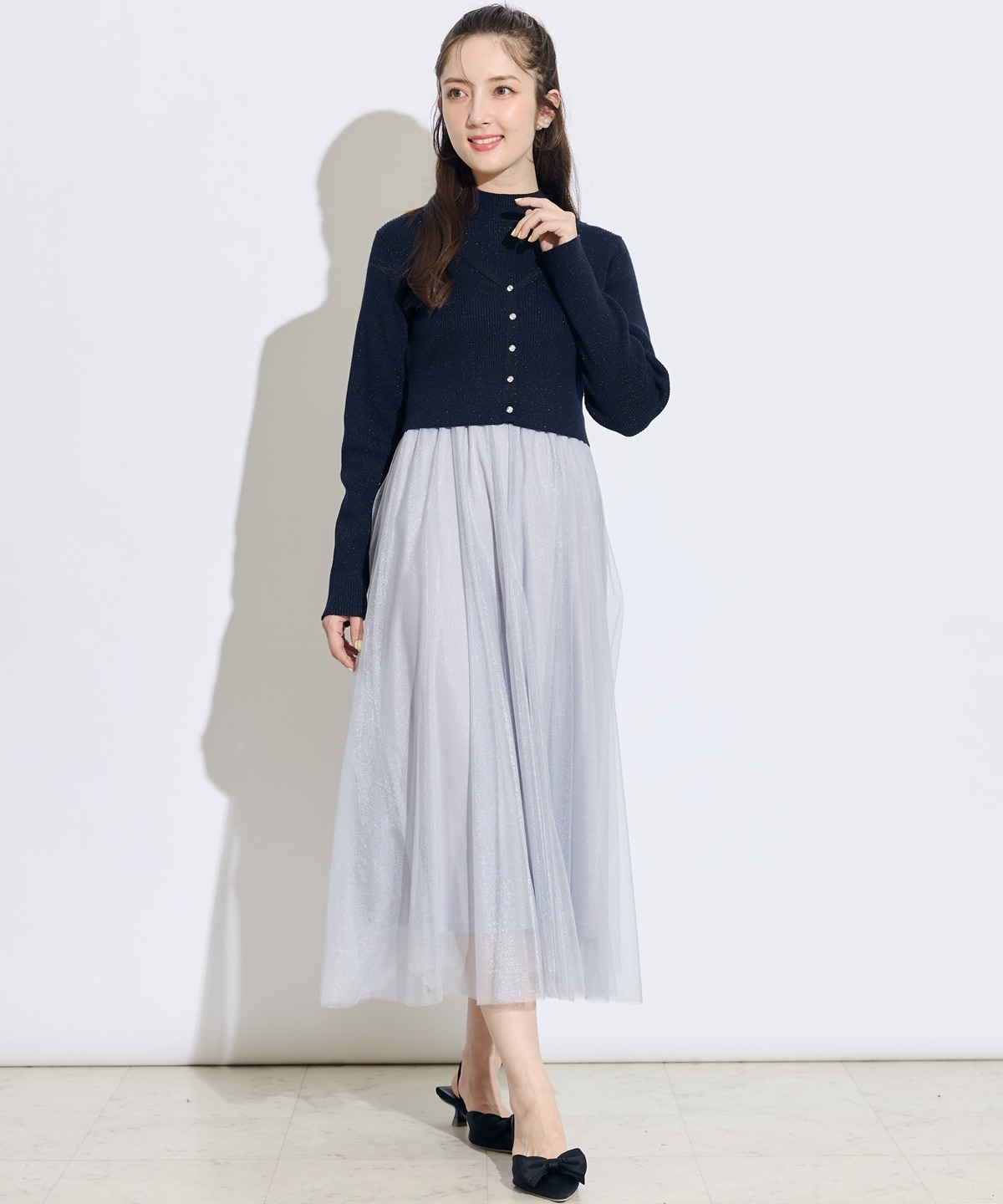 【展示会3位】カーディガンアンサンブルラメニットドッキングワンピース