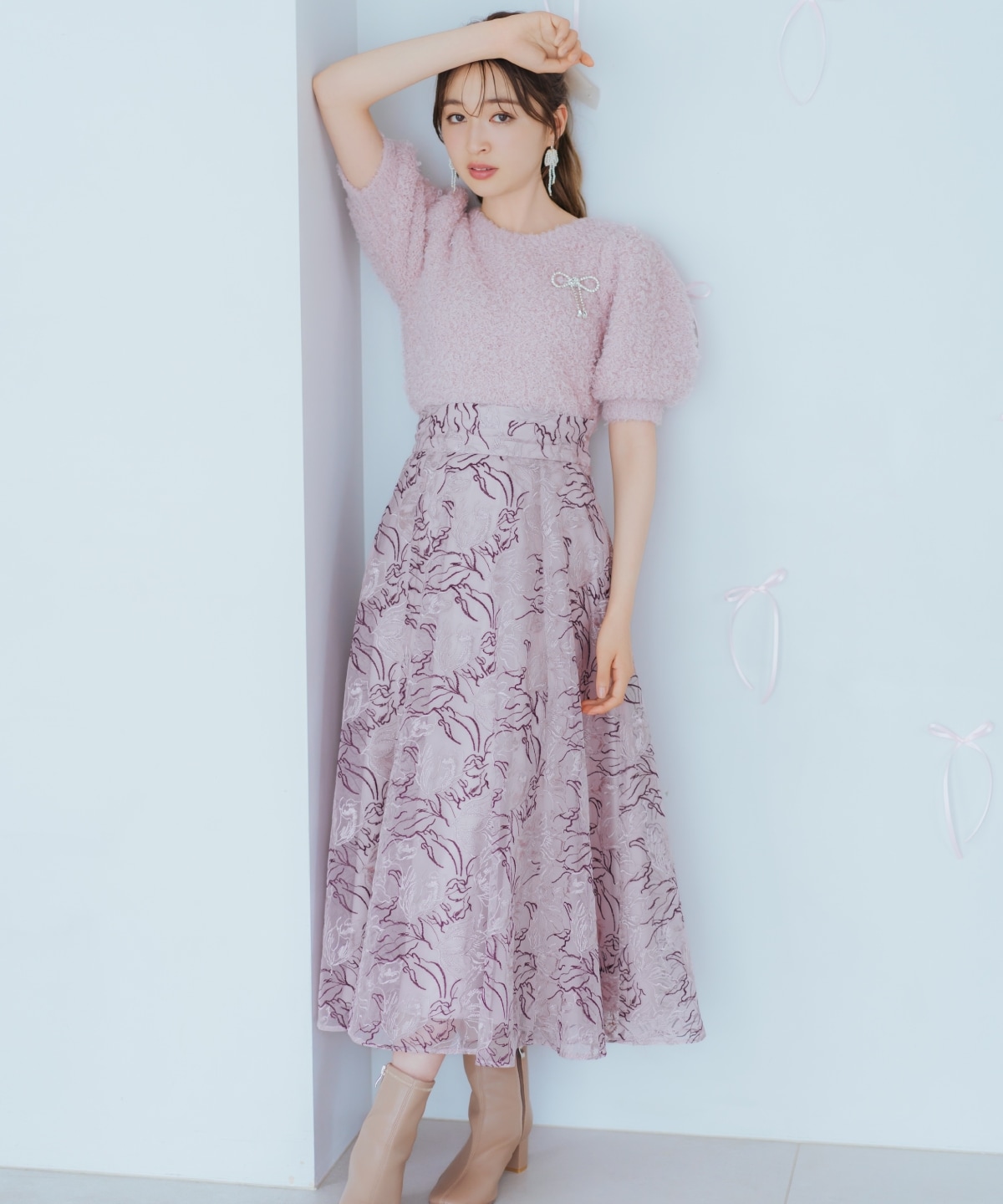 リボンブローチ付きテディヤーンニット