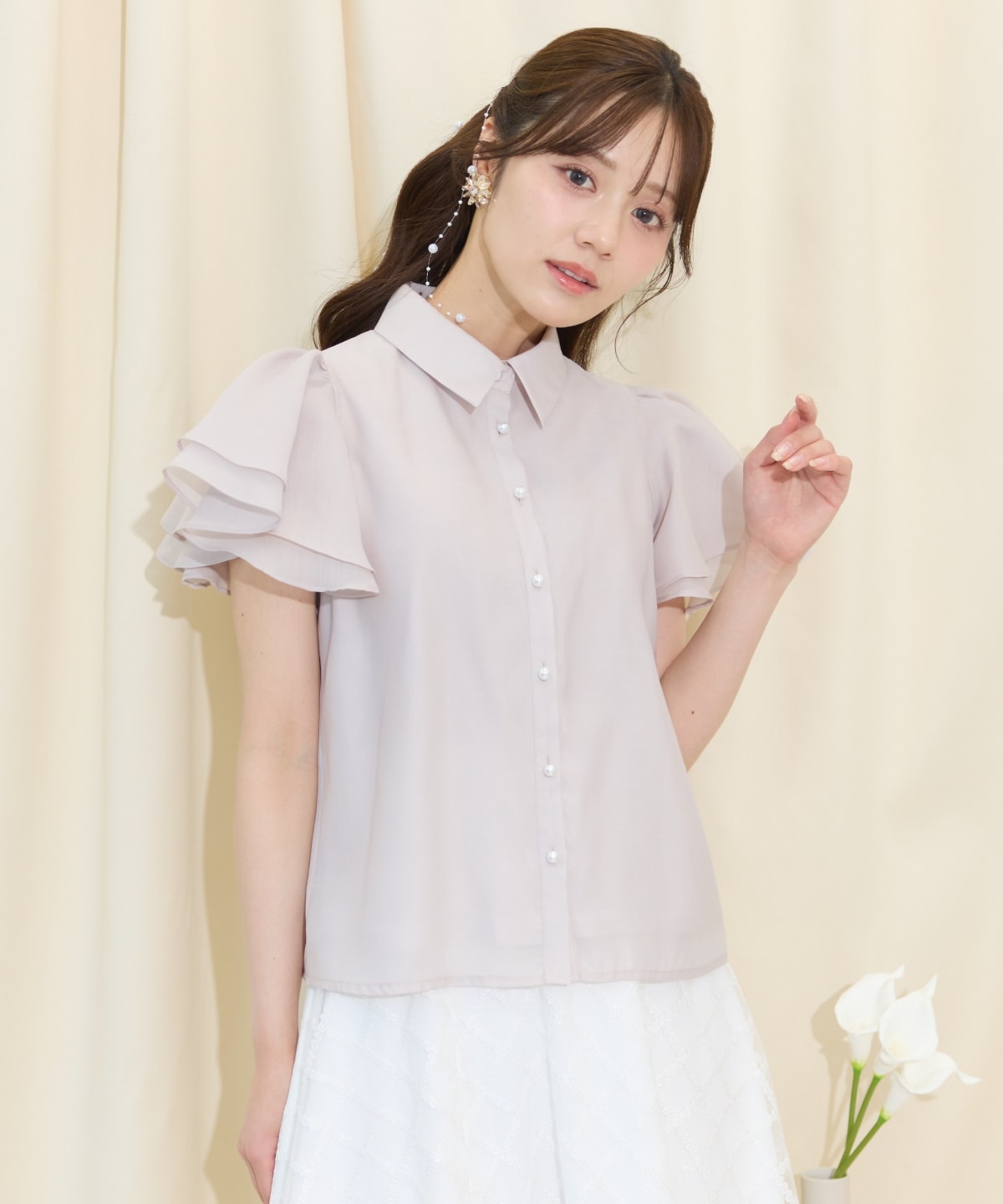 フレアスリーブリボンタイブラウス