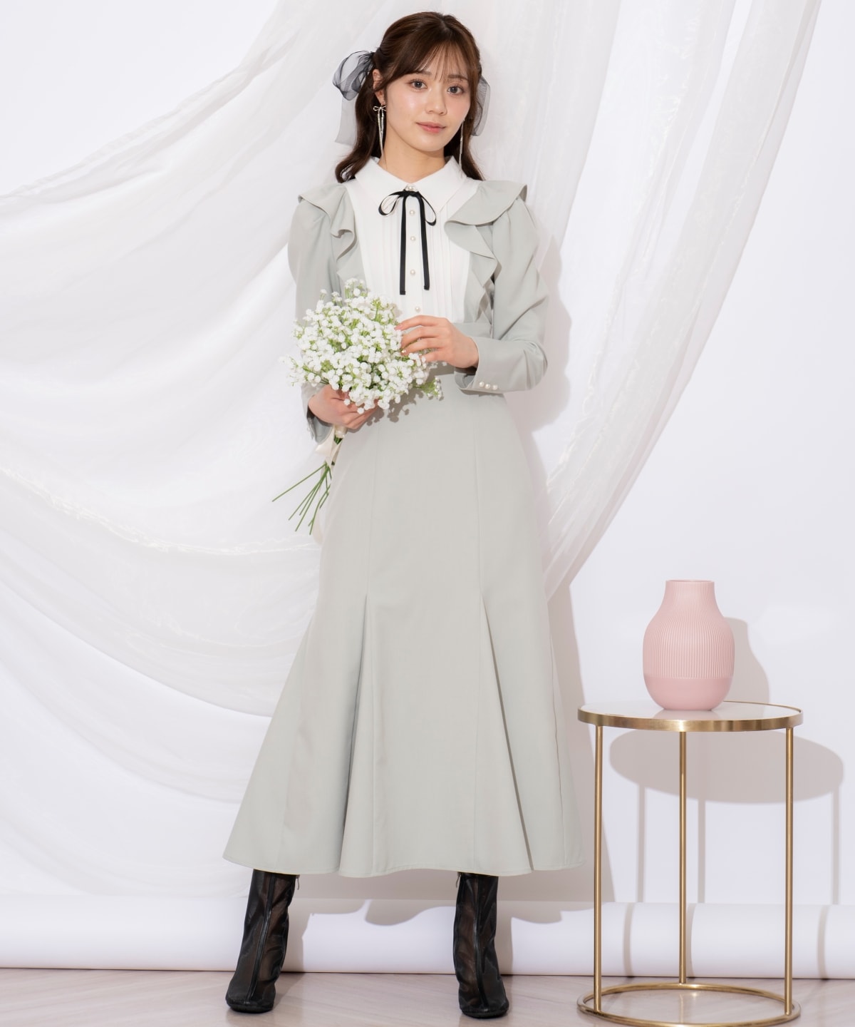 配色ヨークマーメイドワンピース