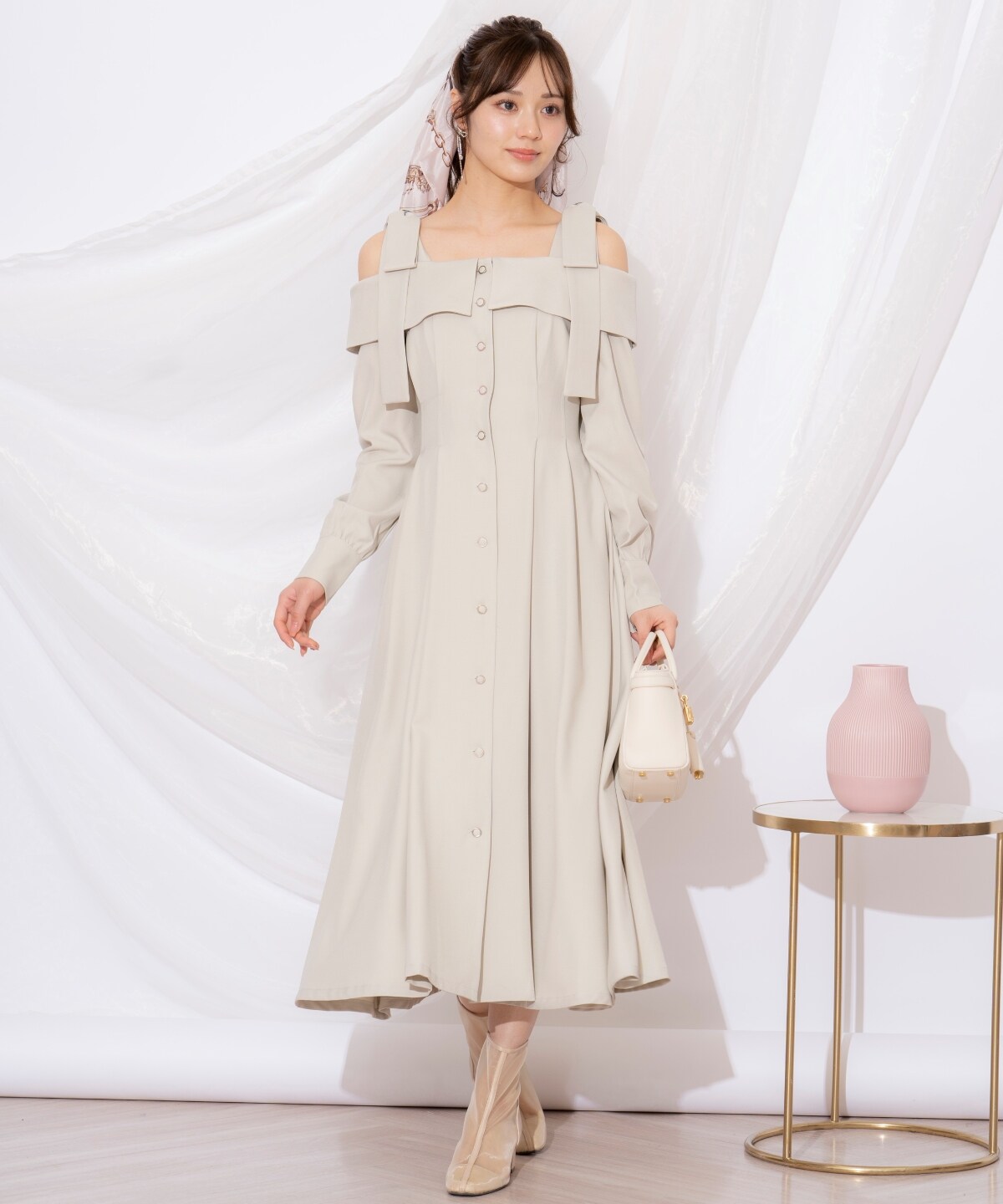 2/28(fri)21時発売】ショルダーリボンタックウエストシャツワンピース 
