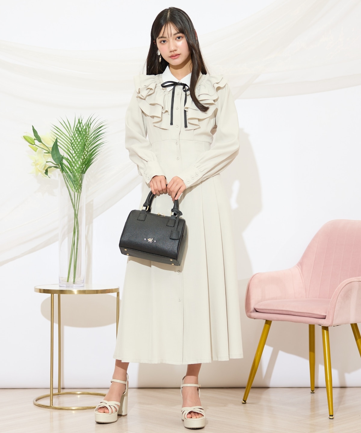 配色襟ダブルフリルシャツワンピース