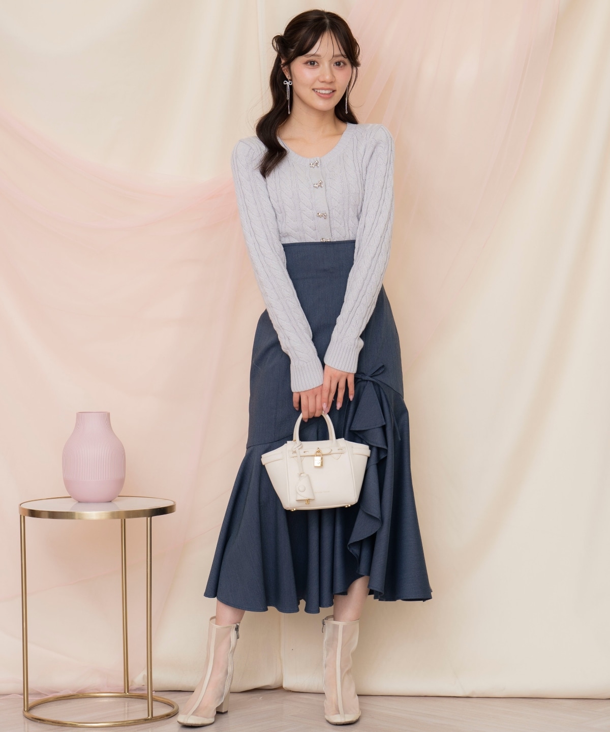 ビジューリボンケーブルカーディガン