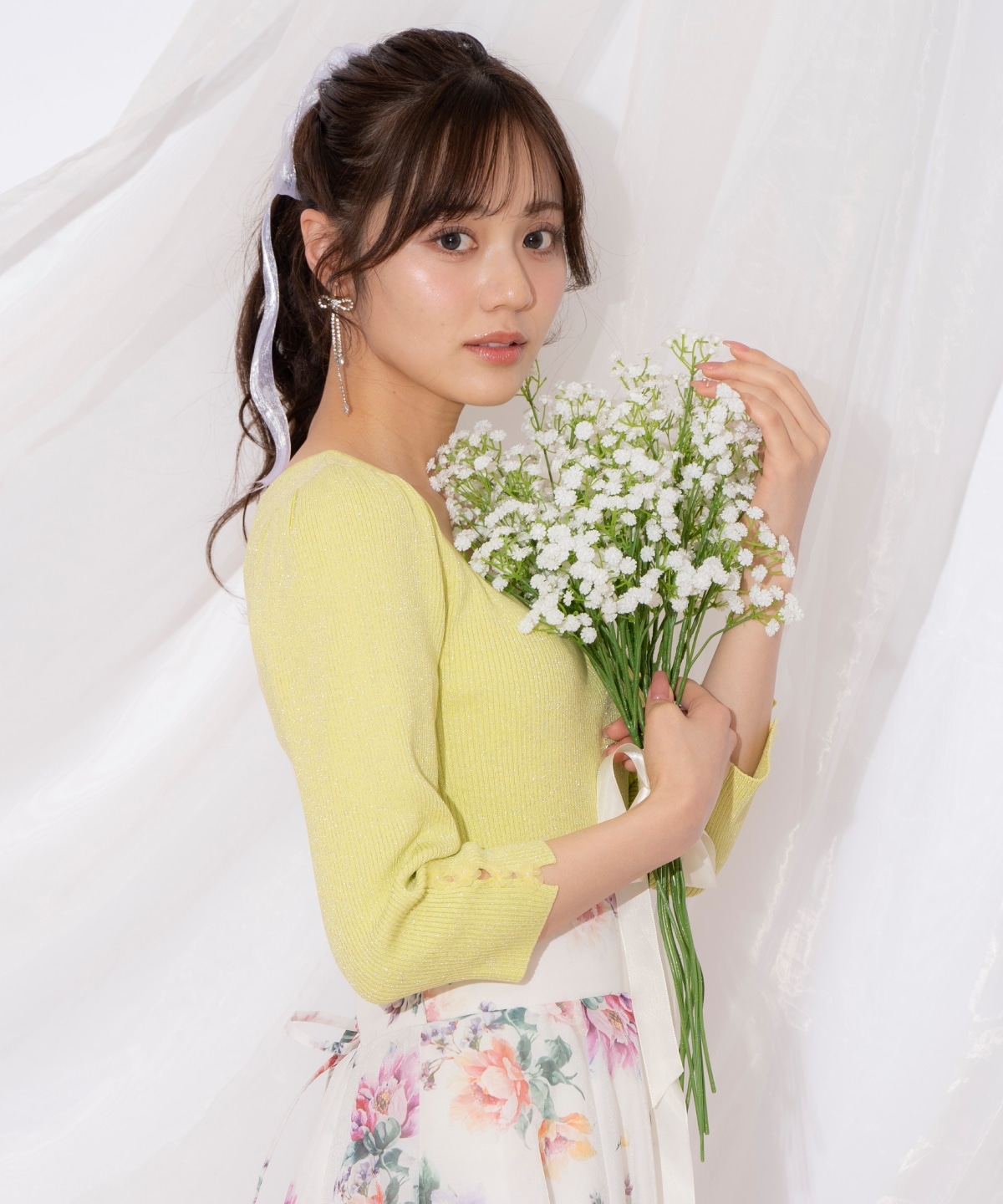 袖フラワーラメ7分袖ニットプルオーバー