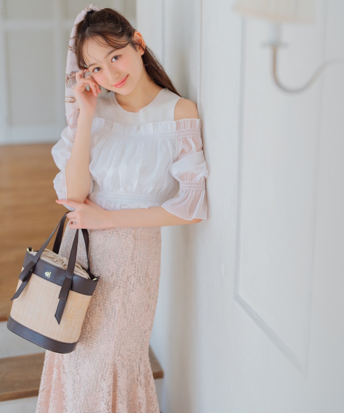レイヤード風オフショルニットプルオーバー(F ホワイト 