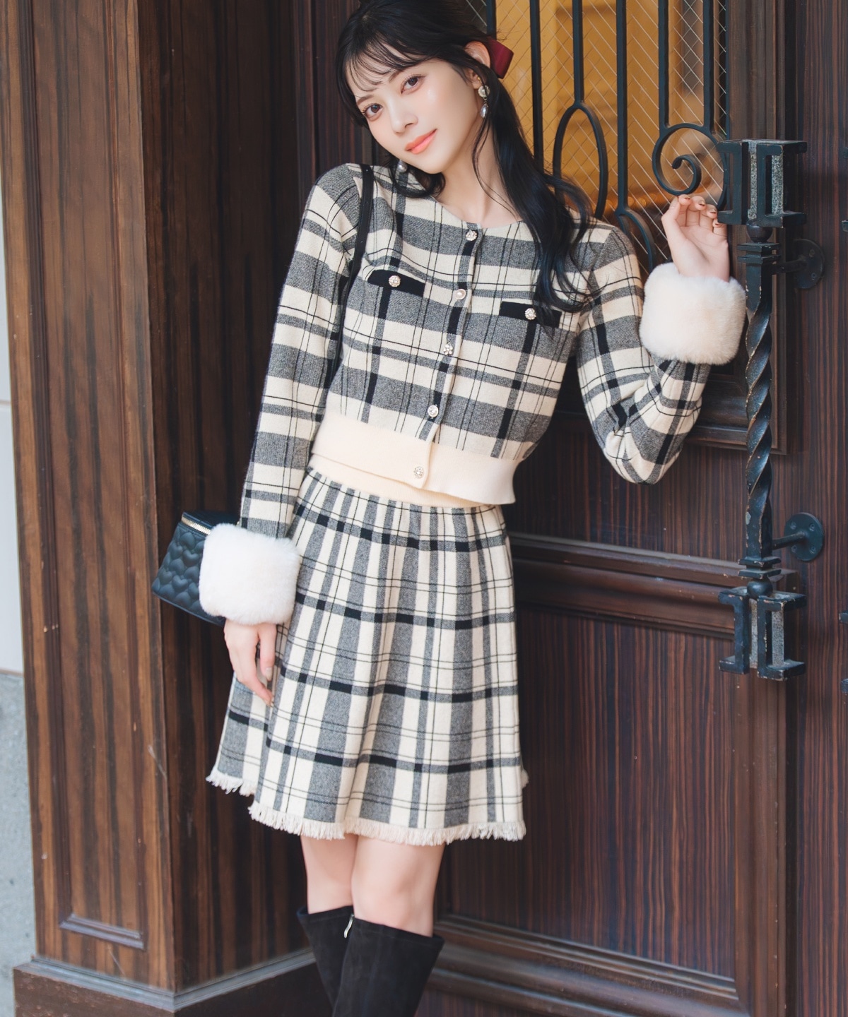 チェック柄カーディガン＆スカートセット セットアップ】チェック柄 カーディガン＋ミニスカート SET UP ニット