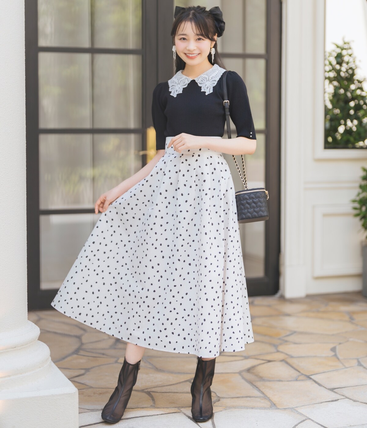 メゾンエシェル レースカフスリブニット ブルーグレー リボンレース