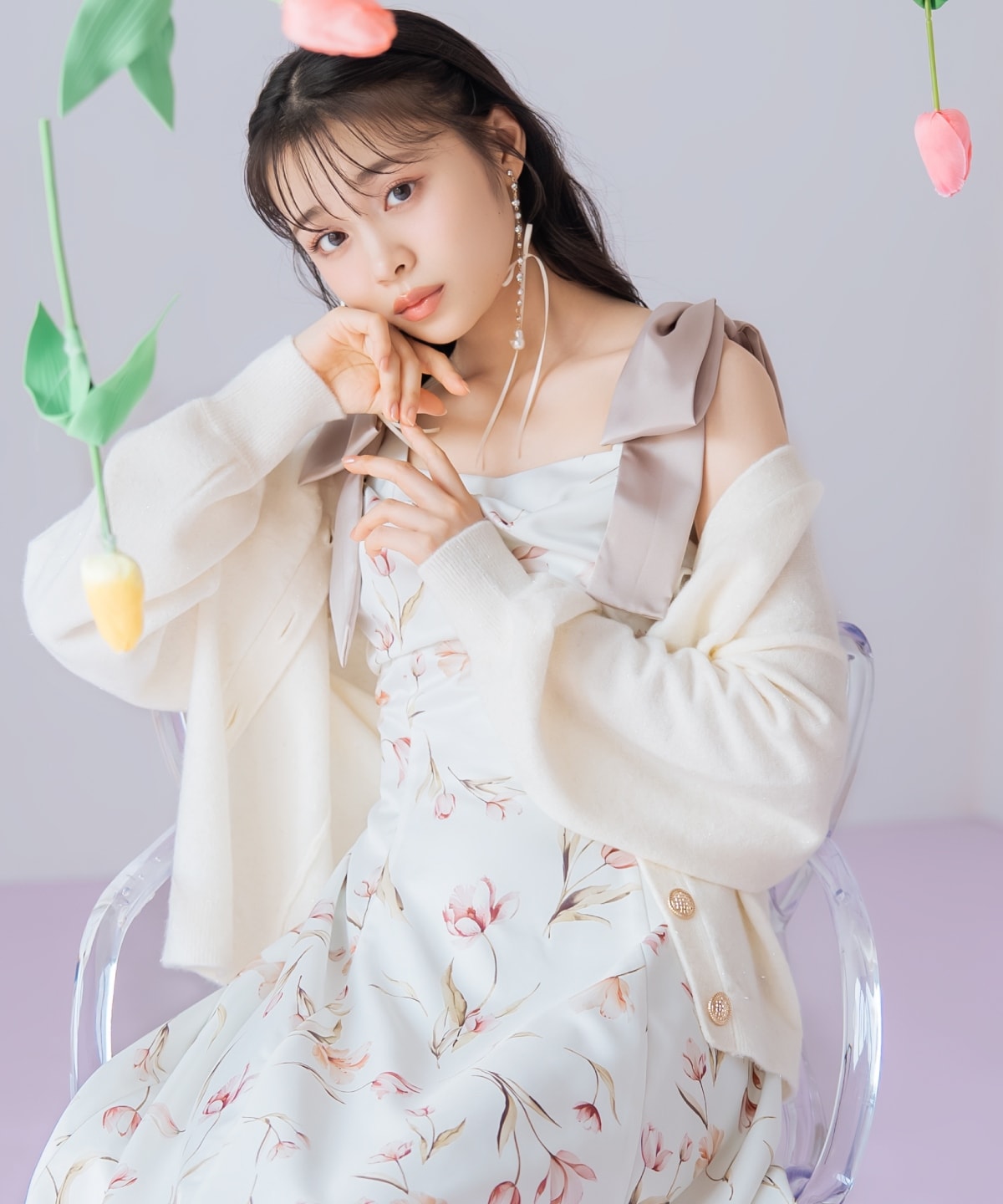 【1/14(wed)18時先行予約開始 】リボンショルダーチューリップフレアワンピース