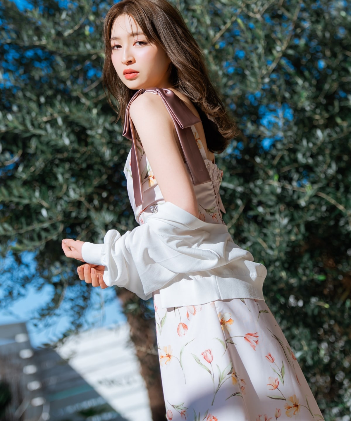 【再入荷】リボンショルダーチューリップフレアワンピース