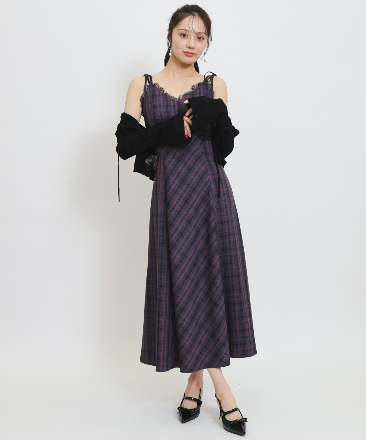 【再入荷予約受付中】レーストリムチェックキャミワンピース