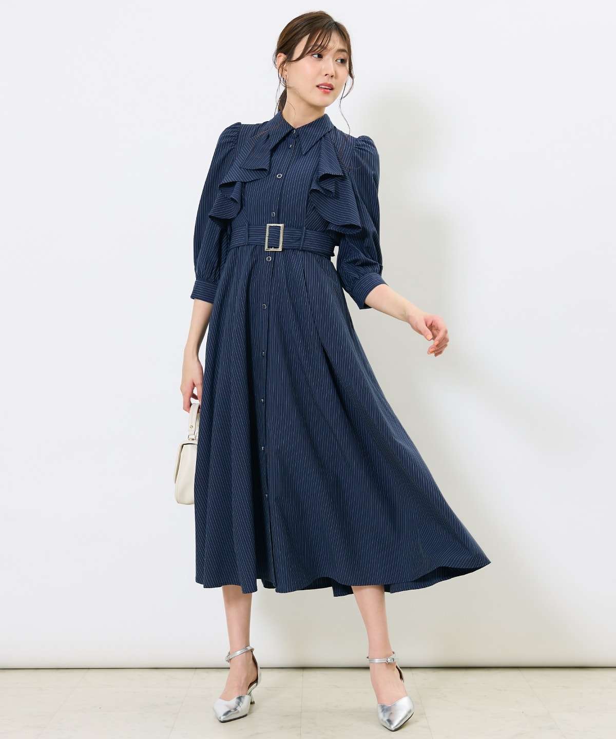 ストライプフリルケープワンピース