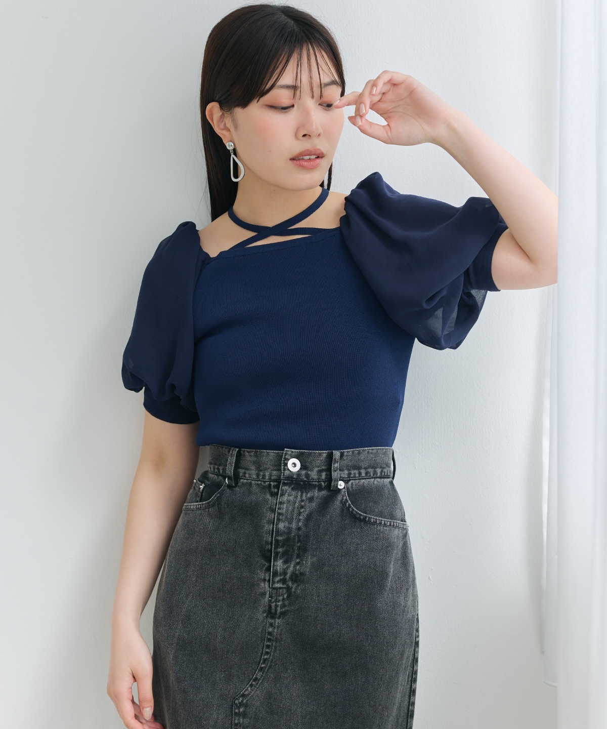 シアースリーブクロスネックプルオーバー