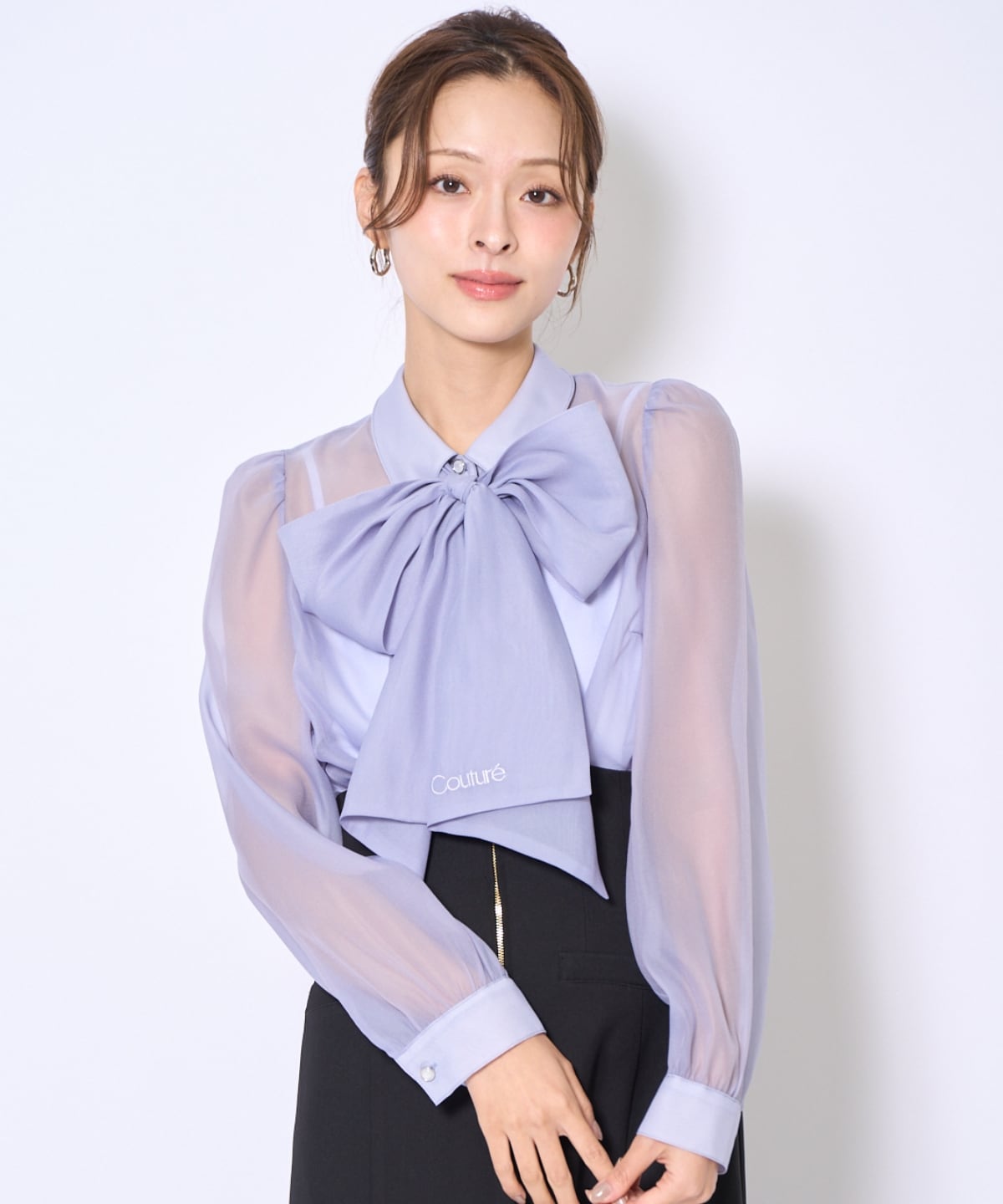 バタフライリボンシアー長袖ブラウス