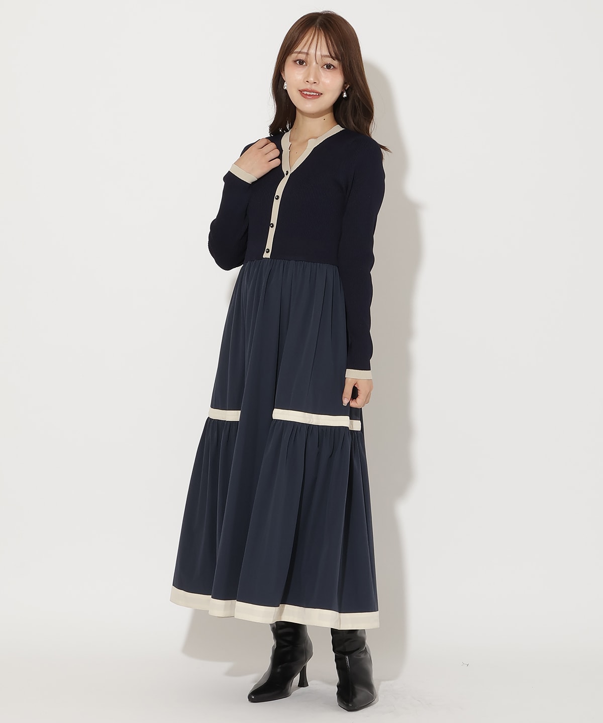 配色ニットドッキングワンピース