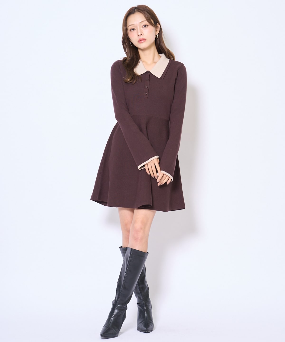 バイカラーポロニットフレアミニワンピース