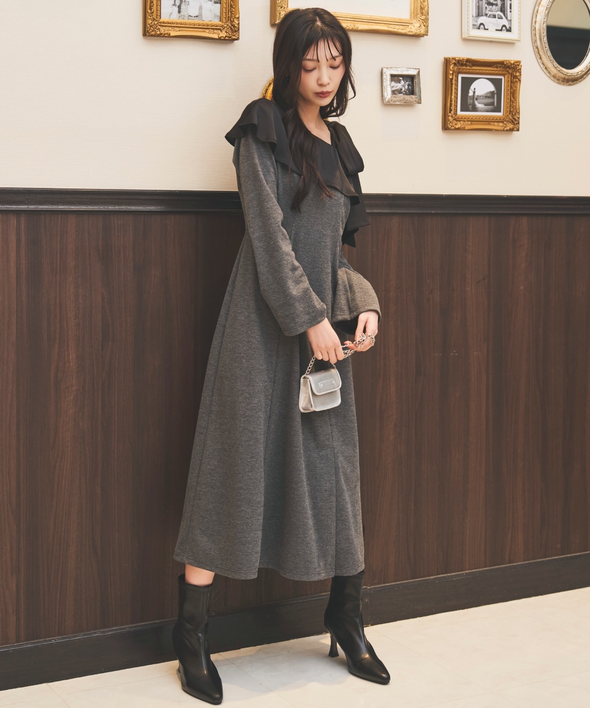 ショルダーリボンカットソーワンピース