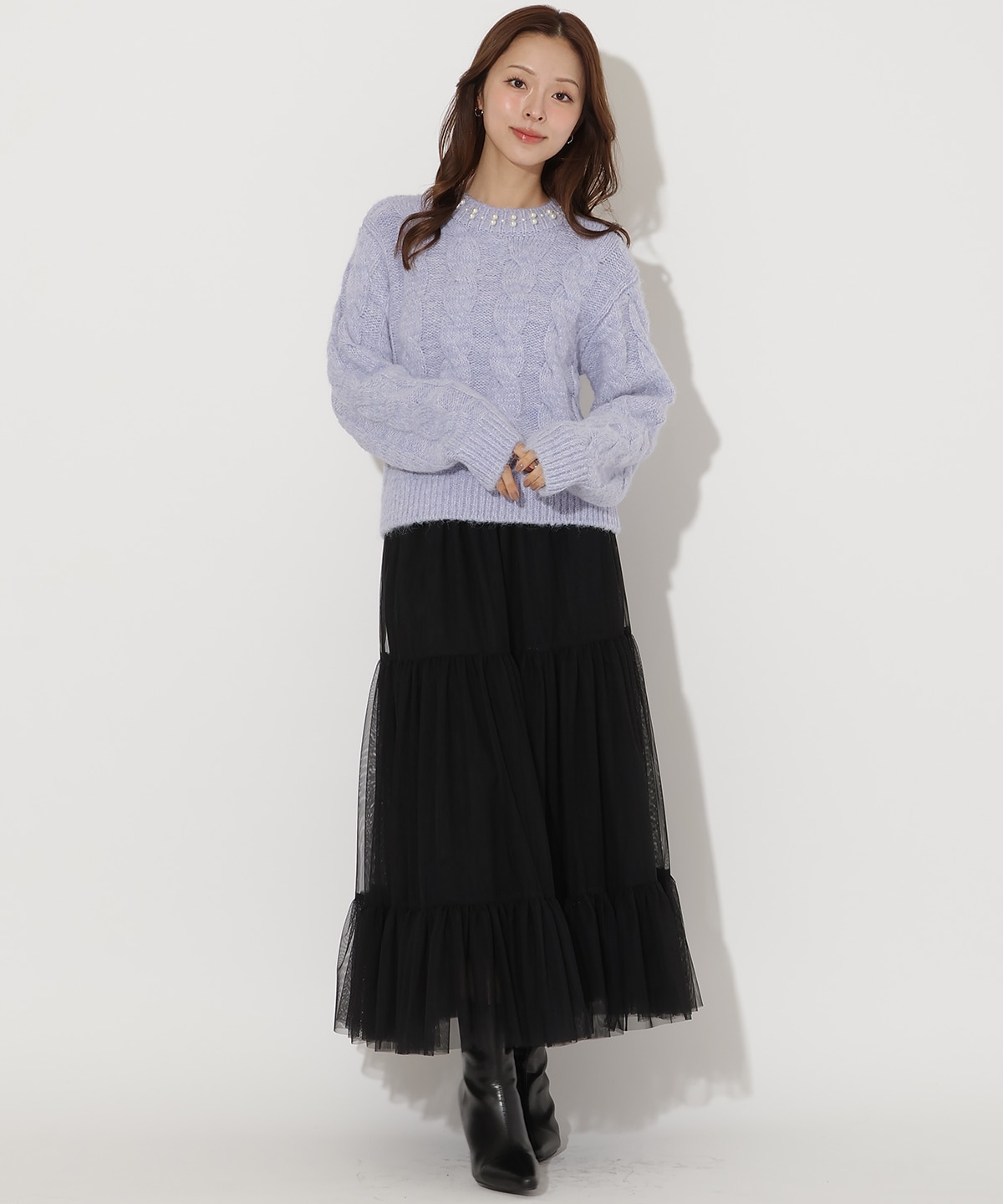 パール襟ケーブルニットプルオーバー