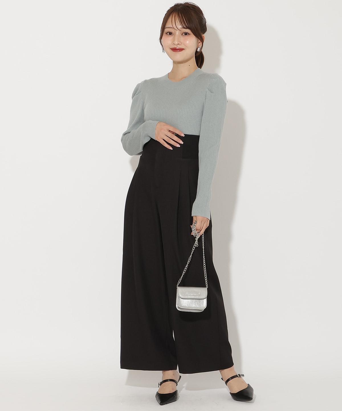 肩ギャザーハイネックリブニット