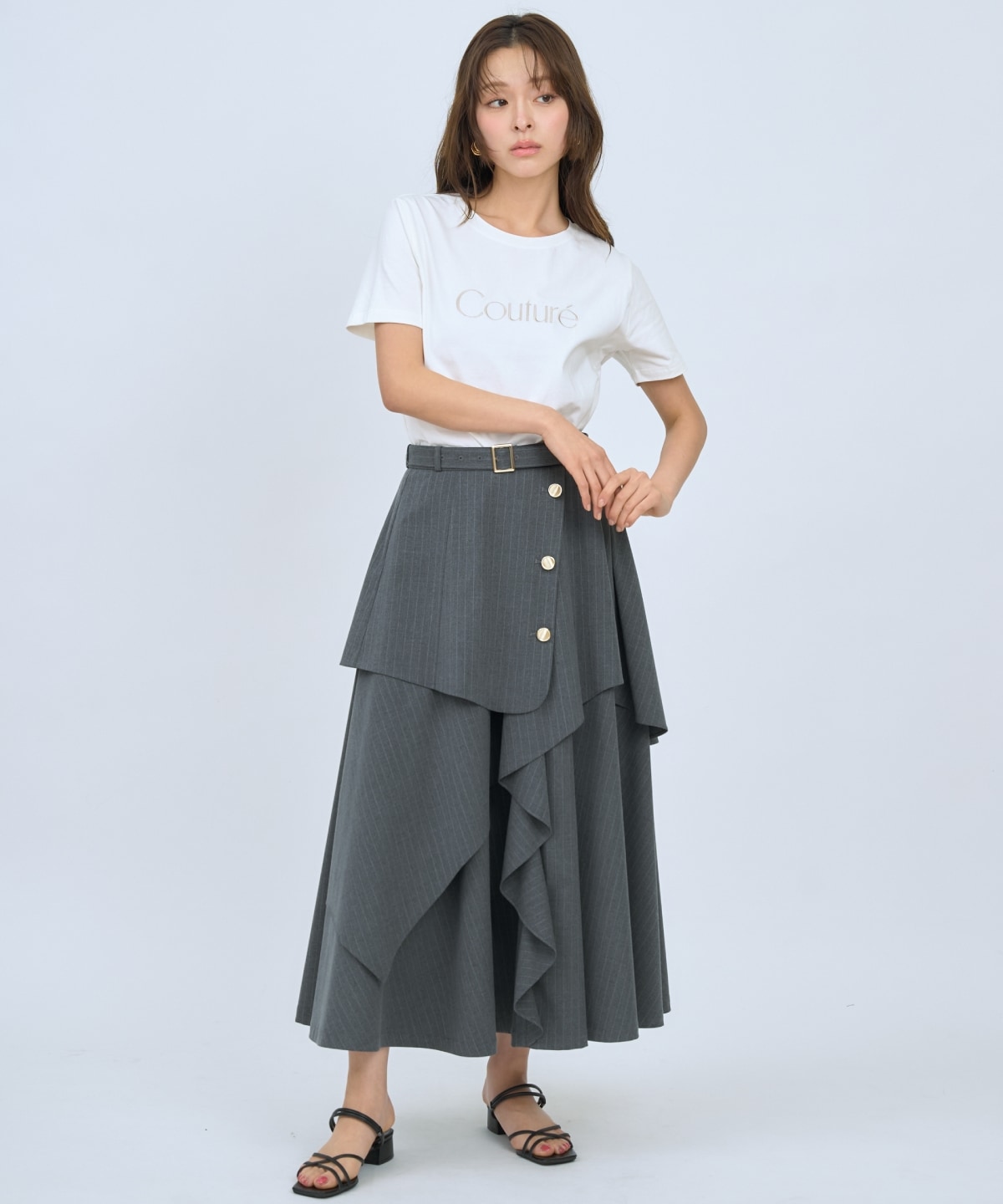 ベルト付きレイヤードデザインフレアスカート
