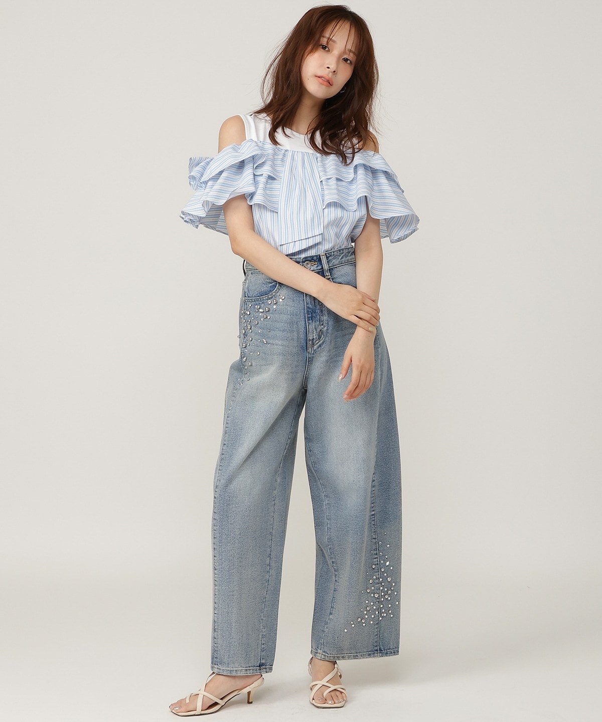 ビジューデニムワイドパンツ