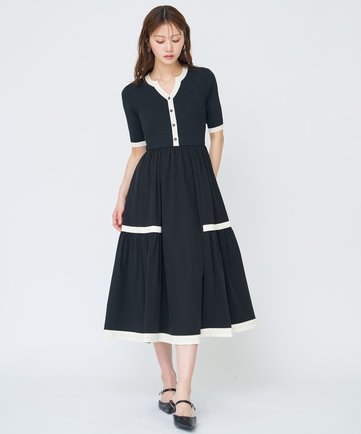 ラメ入り配色ドッキングワンピース