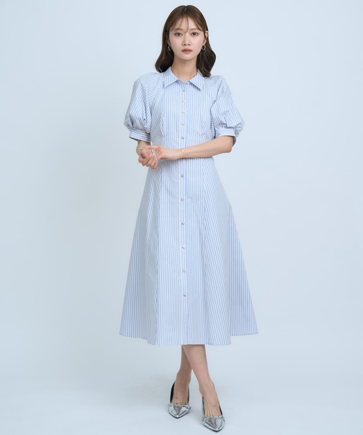 【先行予約受付中】ボリュームスリーブストライプワンピース